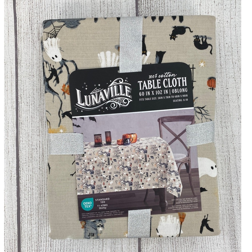 Lunaville Tablecloth Halloween 60x102 Tan Ghost Cat Pumpkin Oblong Fall Autumn